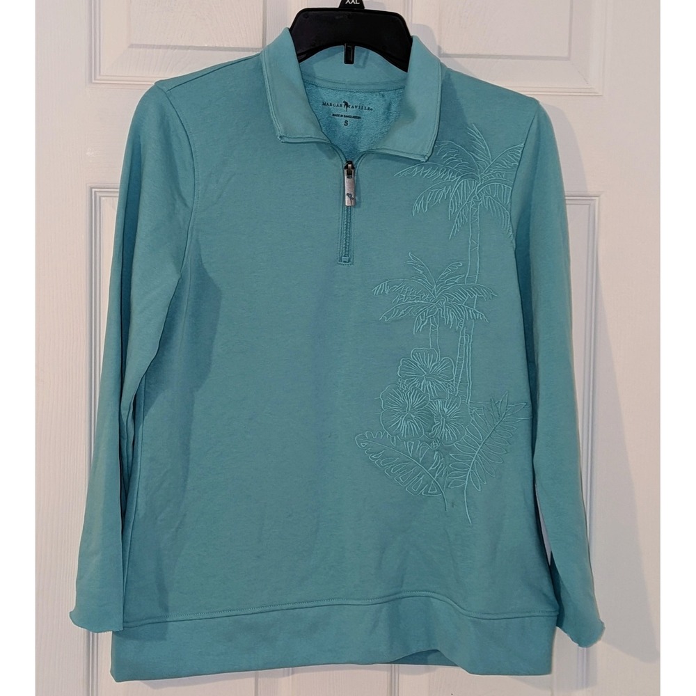 Margaritaville Women Small Turquoise Tropical Embroidered Quarter Zip Sweatshirt
